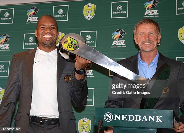 Itumeleng Khune and Stuart Baxter during the Nedbank Cup semi final press conference with United FC and Kaizer Chiefs from PSL Headquarters on May...