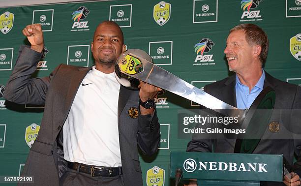 Itumeleng Khune and Stuart Baxter during the Nedbank Cup semi final press conference with United FC and Kaizer Chiefs from PSL Headquarters on May...