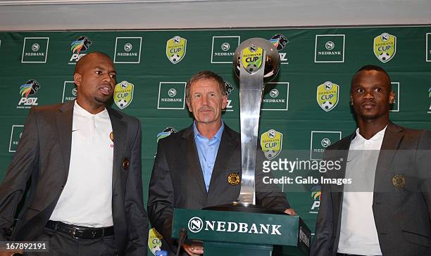 Itumeleng Khune ,Stuart Baxter and Siboniso Gaxa during the Nedbank Cup semi final press conference with United FC and Kaizer Chiefs from PSL...