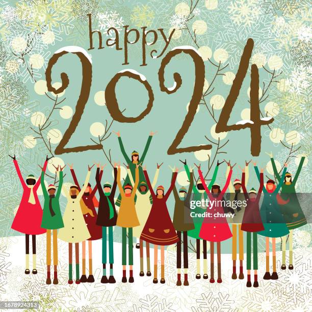 illustrazioni stock, clip art, cartoni animati e icone di tendenza di felice anno nuovo bambini biglietto di auguri stile vintage - happy new year