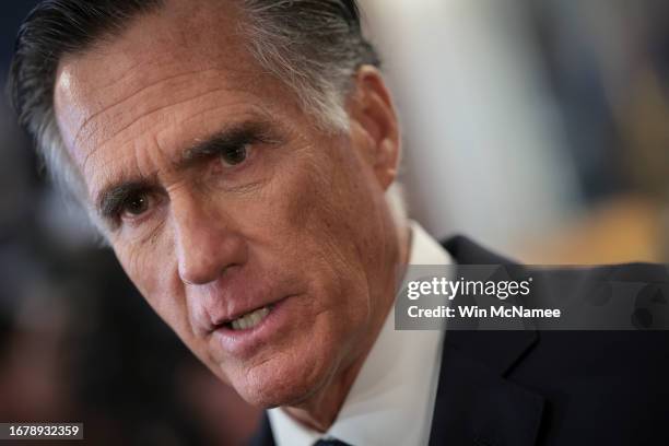 Sen. Mitt Romney answers questions in his office after announcing he will not seek re-election on September 13, 2023 in Washington, DC. Romney Called...