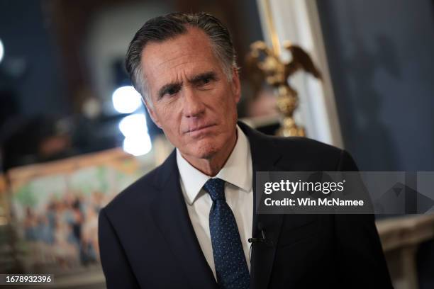 Sen. Mitt Romney answers questions in his office after announcing he will not seek re-election on September 13, 2023 in Washington, DC. Romney Called...