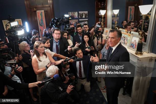 Sen. Mitt Romney answers questions in his office after announcing he will not seek re-election on September 13, 2023 in Washington, DC. Romney Called...