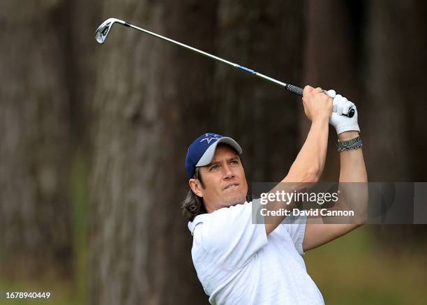 Vernon Kay of England the BBC Strictly Come Dancing dancer and judge plays a shot during the pro-am prior to the BMW PGA Championship at Wentworth...