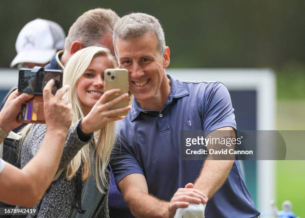 Anton du Beke of England the BBC Strictly Come Dancing dancer and judge takes a selfie wit a fan during the pro-am prior to the BMW PGA Championship...