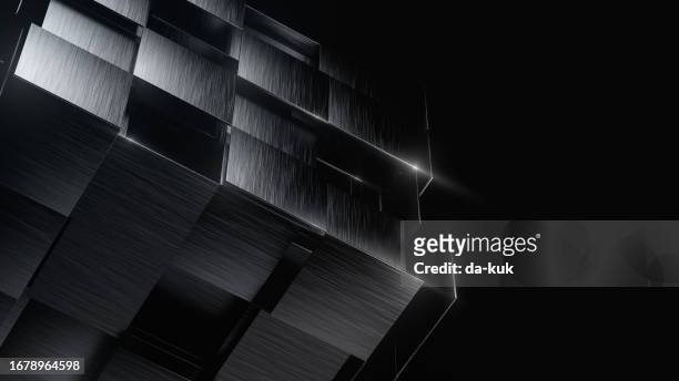 abstract 3d cube formation on black background. shiny stainless steel material. representation of modern and future technologies with space for text - black cube stock pictures, royalty-free photos & images