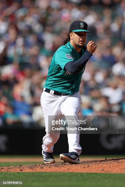 Luis Castillo of the Seattle Mariners reacts after a strikeout during the sixth inning against the Los Angeles Angels at T-Mobile Park on September...
