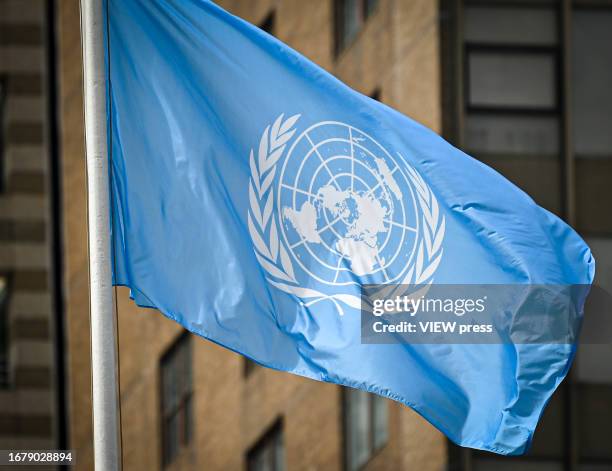 The United Nations flag waves during preparations for the UNGA 2023 at the United Nations headquarters on September 13, 2023 in New York City.