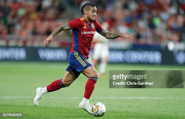 Cristian Arango of Real Salt Lake pushes the ball up field against FC Dallas during the first half of their game at America First Field September 20,...