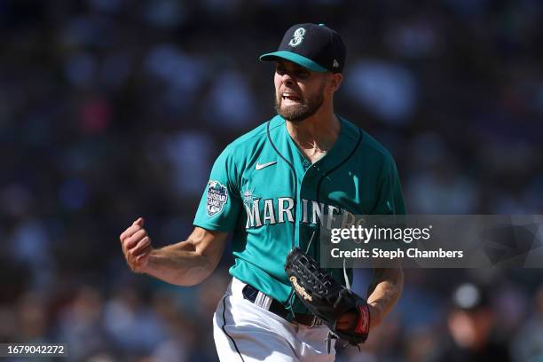 Matt Brash of the Seattle Mariners reacts during the eighth inning against the Los Angeles Angels at T-Mobile Park on September 13, 2023 in Seattle,...