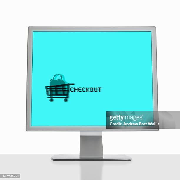 computer screen with checkout trolley symbol - surrey wagons stock pictures, royalty-free photos & images