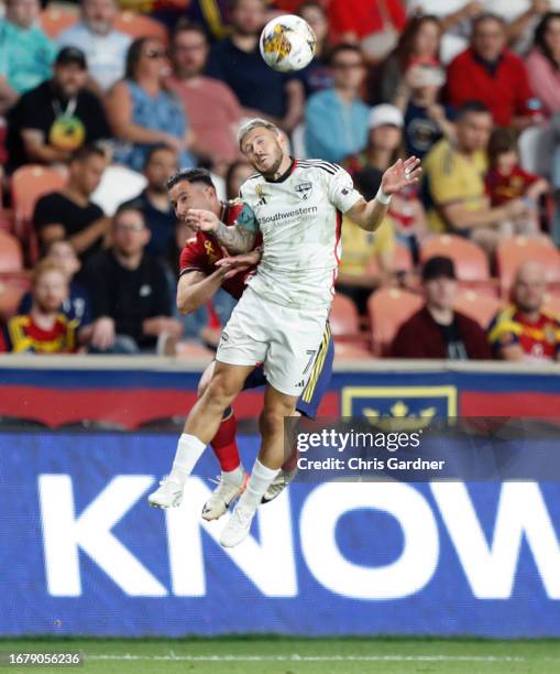 Paul Arriola of FC Dallas beats Bryan Oviedo to a head ball during the first half of their game at America First Field September 20, 2023 in Sandy,...