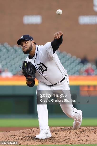 Eduardo Rodriguez of the Detroit Tigers throws a second inning pitch while playing the Cincinnati Reds at Comerica Park on September 13, 2023 in...