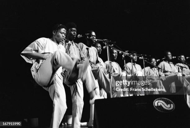 21st JULY: South African vocal group Ladysmith Black Mambazo perform live on stage at the Doelen in Rotterdam, the Netherlands on 21th July 1987.