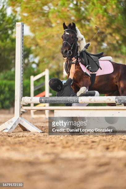 jockey falling off the horse while jumping obstacles - horse trials stock pictures, royalty-free photos & images