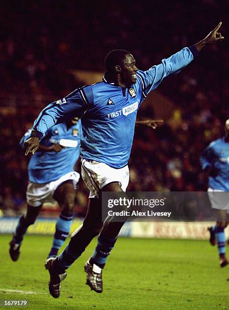 Marc Vivien Foe of Man City celebrates scoring during the Sunderland v Manchester City FA Barclaycard Premiership match at The Stadium of Light on...