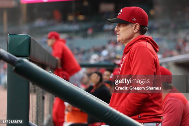 Manager David Bell of the Cincinnati Reds looks on in the third inning while playing the Detroit Tigers at Comerica Park on September 13, 2023 in...