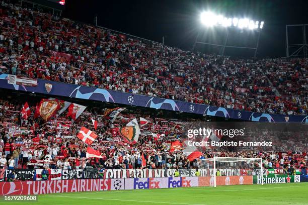 Fans of Sevilla during the UEFA Champions League Group B football match between Sevilla Futbol Club and Racing Club de Lens at Estadio Ramon Sanchez...