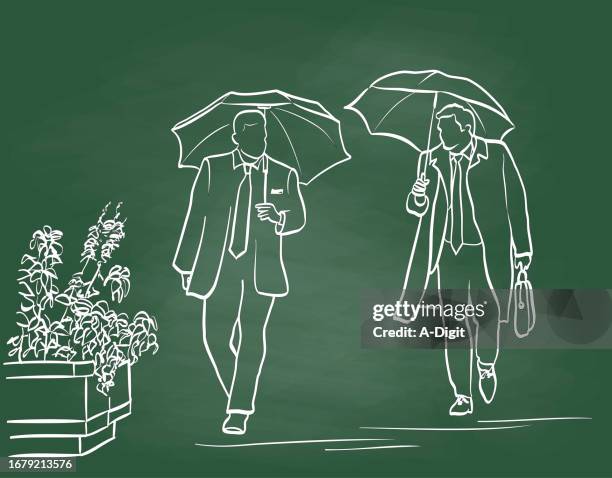 londoner geschäftsmänner mit regenschirmen kreidetafel - common beet stock-grafiken, -clipart, -cartoons und -symbole