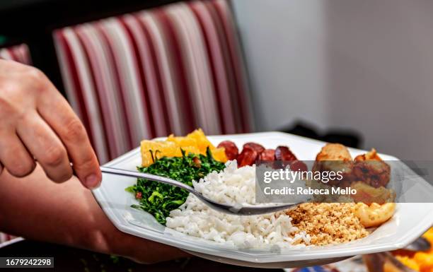 side dishes of brazilian feijoada, white rice, kale sautéed with bacon, chopped orange and sliced sausage. - serving size stock pictures, royalty-free photos & images