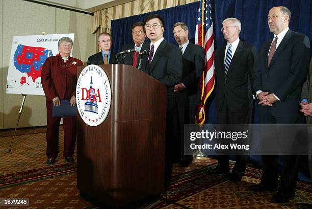 Governor Gary Locke of Washington State speaks during a news briefing on 2003 leadership of the Democratic Governors' Association December 9, 2002 in...