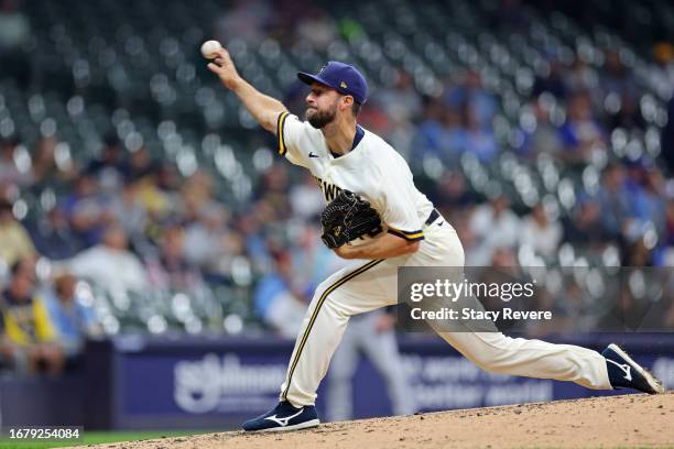 Colin Rea of the Milwaukee Brewers throws a pitch during the fourth inning against the Miami Marlins at American Family Field on September 13, 2023...