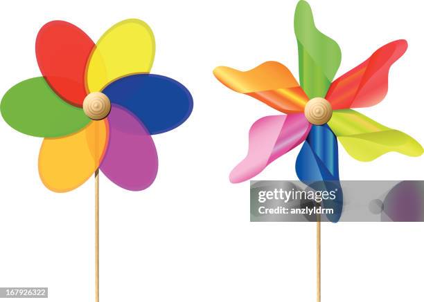 colourful toy pinwheels - wooden stick stock illustrations