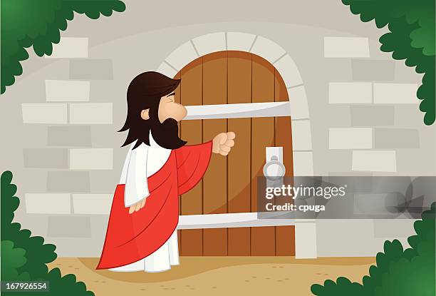 ilustraciones, imágenes clip art, dibujos animados e iconos de stock de jesús tocando a la puerta - llamar a la puerta