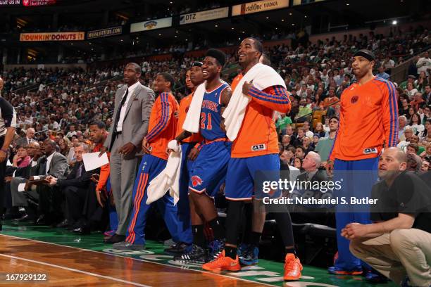 Smith and the New York Knicks bench react to a play against the Boston Celtics in Game Three of the Eastern Conference Quarterfinals during the 2013...