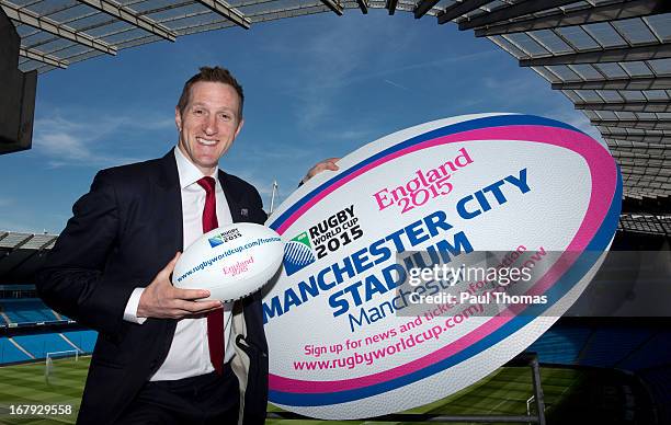 England 2015 ambassador Will Greenwood poses during the IRB Rugby World Cup 2015 Schedule Announcement at Manchester City Stadium on May 2, 2013 in...