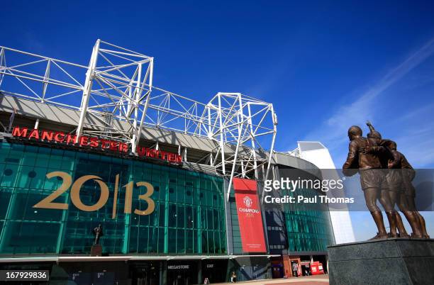 Banner is displayed outside the home Manchester United FC at Old Trafford on May 2, 2013 in Manchester, England. Manchester United are celebrating...
