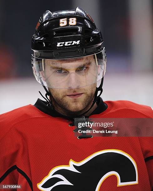 Ben Hanowski of the Calgary Flames skates during warm-ups before an NHL game against the Detroit Red Wings at Scotiabank Saddledome on April 17, 2013...