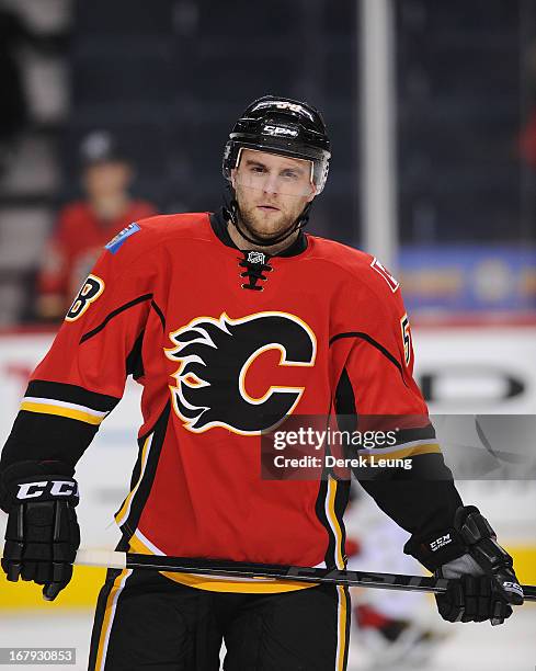 Ben Hanowski of the Calgary Flames skates during warm-ups before an NHL game against the Detroit Red Wings at Scotiabank Saddledome on April 17, 2013...