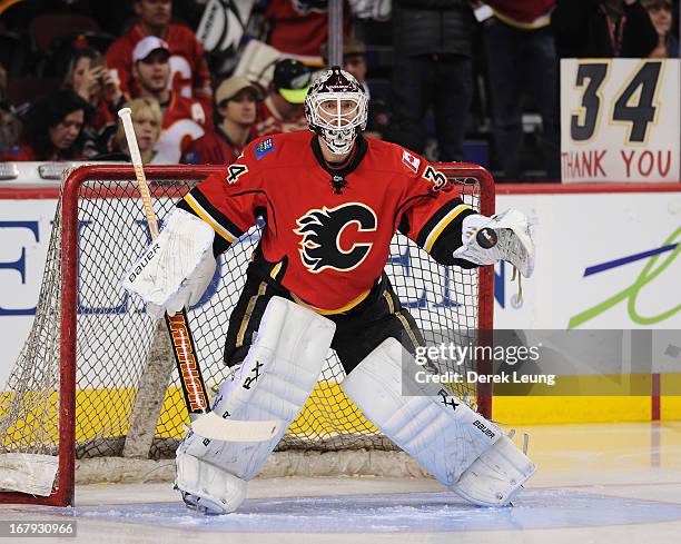 Miikka Kiprusoff of the Calgary Flames defends net during warm-ups before an NHL game against the Detroit Red Wings at Scotiabank Saddledome on April...