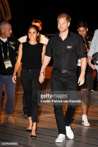 Meghan, Duchess of Sussex and Prince Harry, Duke of Sussex at the wheelchair basketball final between the United States and France during day four of...