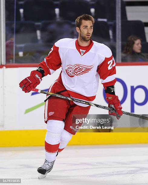 Kyle Quincey of the Detroit Red Wings skates during warm-ups before an NHL game against the Calgary Flames at Scotiabank Saddledome on April 17, 2013...