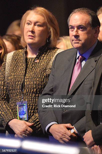 Janet Huckabee and former Arkansas governor Mike Huckabee attend the funeral service for George Jones at The Grand Ole Opry on May 2, 2013 in...