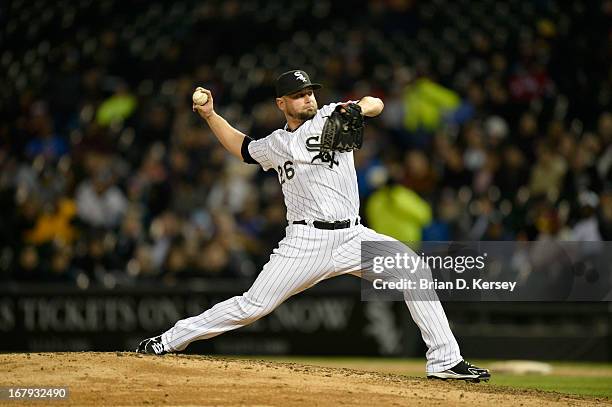 Relief pitcher Jesse Crain of the Chicago White Sox delivers against the Cleveland Indians on April 22, 2013 at U.S. Cellular Field in Chicago,...