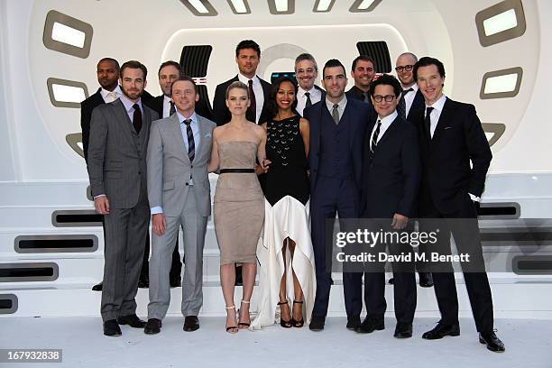 The cast and crew Noel Clarke, Chris Price, Simon Pegg, Alice Eve, Zoe Saldana, Zachary Quinto, J.J. Abrams attend the UK Premiere of 'Star Trek Into...