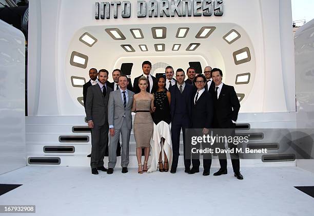 The cast and crew Noel Clarke, Chris Price, Simon Pegg, Alice Eve, Zoe Saldana, Zachary Quinto, J.J. Abrams attend the UK Premiere of 'Star Trek Into...