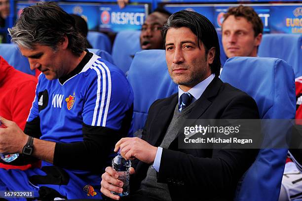 Murat Yakin the Basel head coach looks on during UEFA Europa League semi final second leg match between Chelsea and FC Basel 1893 at Stamford Bridge...