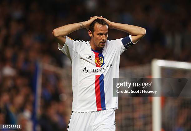 Marco Streller of Basel reacts after a missed chance during the UEFA Europa League semi-final second leg match between Chelsea and FC Basel 1893 at...