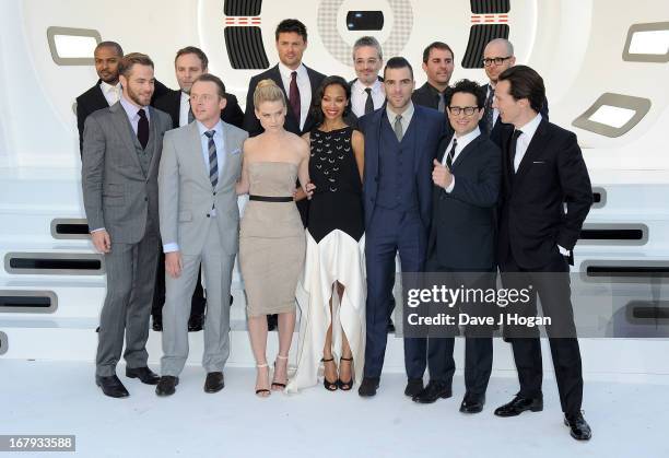 The cast and crew including Actors Noel Clarke, Chris Pine, Simon Pegg, Alice Eve, Karl Urban, Zoe Saldana, Zachary Quinto, director JJ Abrams and...