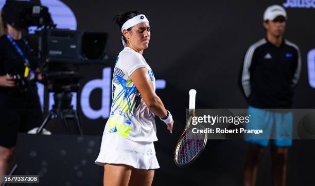 Ons Jabeur of Tunisia in action against Martina Trevisan of Italy in the third round on Day 6 of the Guadalajara Open Akron 2023 presented by...