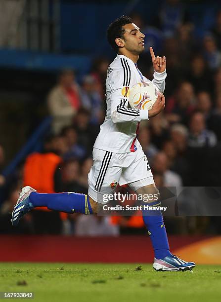 Mohamed Salah of Basel celebrates as he scores their first goal during the UEFA Europa League semi-final second leg match between Chelsea and FC...