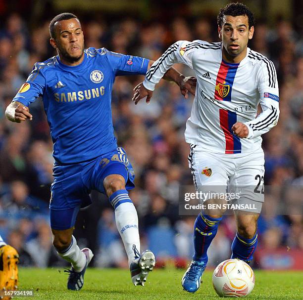 Basel's Egyptian midfielder Mohamed Salah vies for the ball with Chelsea's English defender Ryan Bertrand during the Europa League semi-final second...
