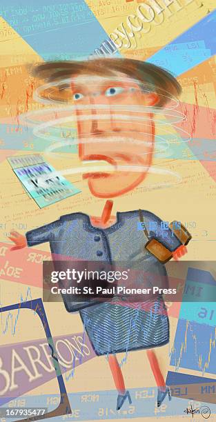 29p x 57p Kirk Lyttle color illustration of businesswoman with a spinning head surrounded by an abundance of financial data.