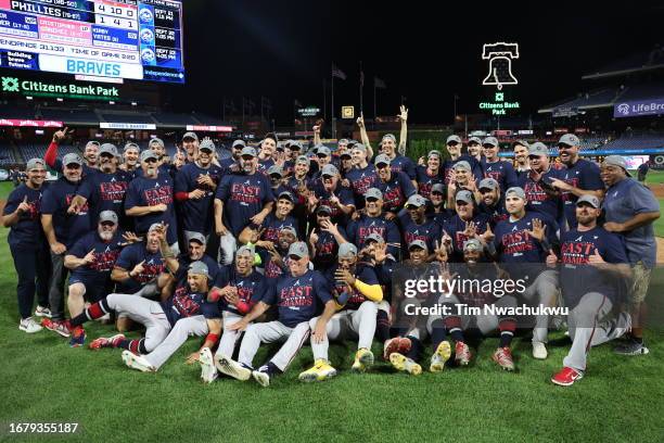 The Atlanta Braves pose for a team photo after defeating the Philadelphia Phillies to clinch the NL East at Citizens Bank Park on September 13, 2023...