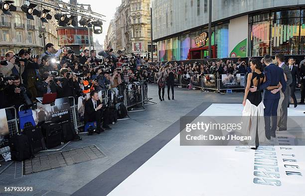 Actors Chris Pine, Alice Eve, Zachary Quinto and Zoe Saldana attend the "Star Trek Into Darkness" UK Premiere at the Empire Leicester Square on May...