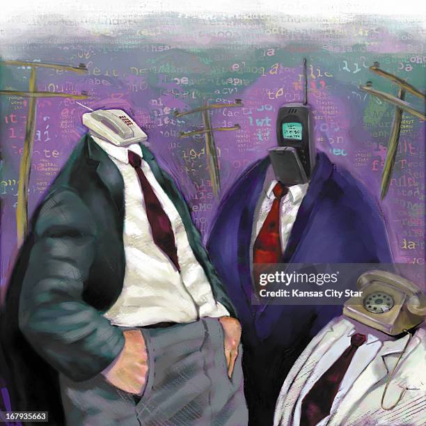 48p x 48p Hector Casanova color illustration of three "phone-heads"; telephone-headed businessmen standing together in front of telephone poles;...